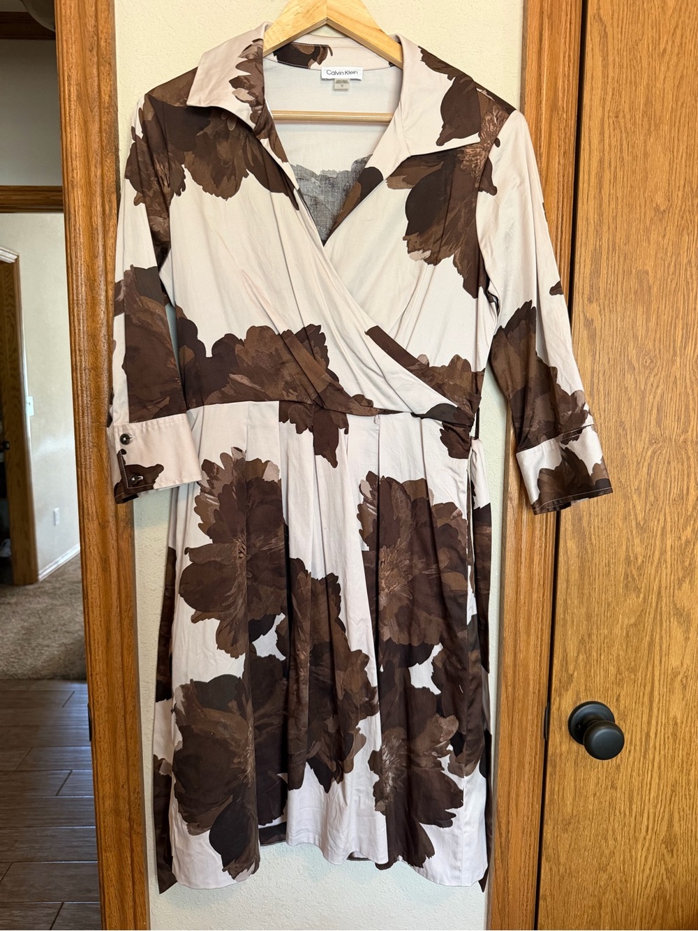 Calvin Klein Cream and Brown Floral Wrap Dress